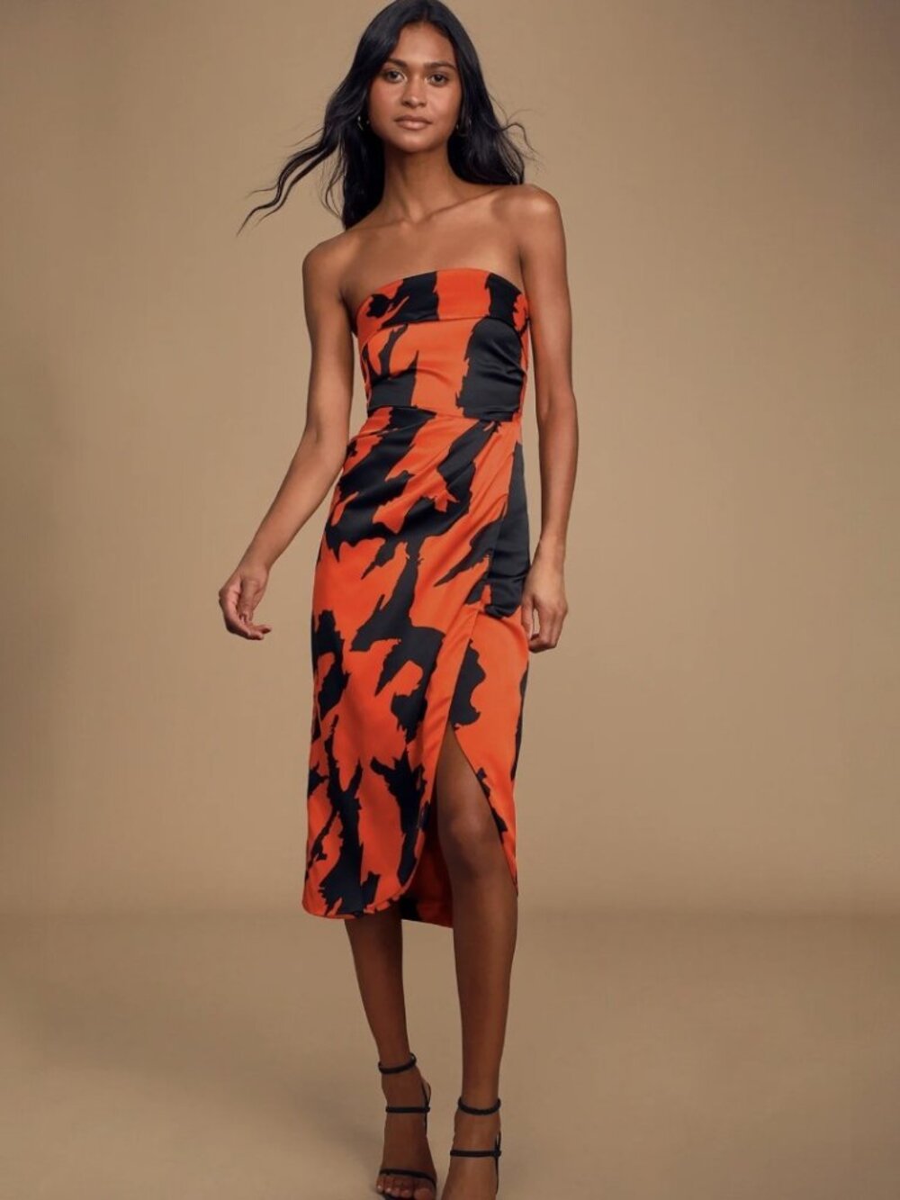 Lulus Bring Me Back To You Black and Red Print Strapless Midi Dress NWT
